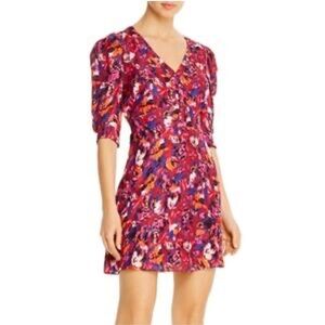Parker Lottie Silk Abstract Puff Sleeve Mini Dress in Pink Motif, Size 12, NWT